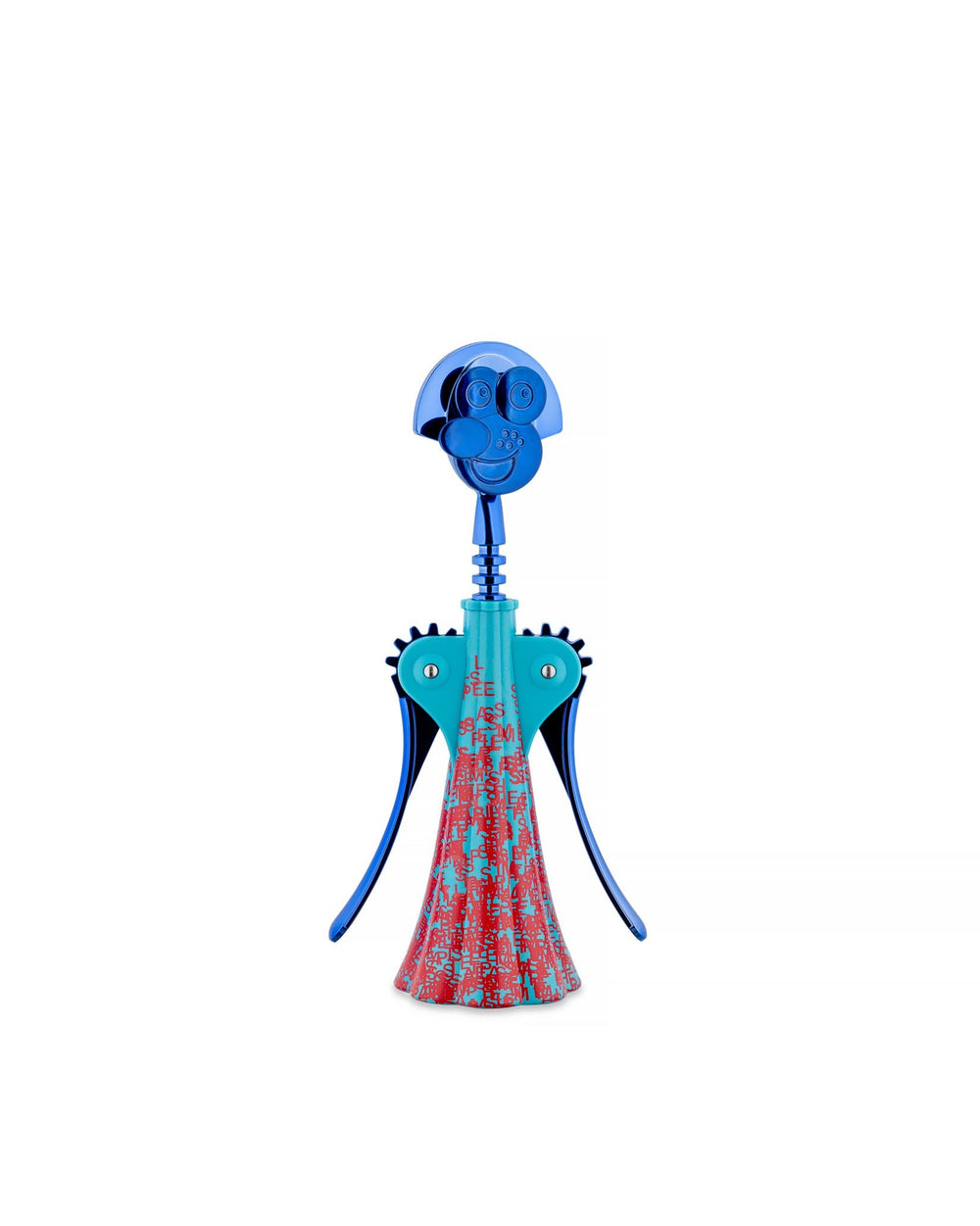 Blue and teal Anna G. corkscrew by Alessi featuring a smiling face and a red patterned base.