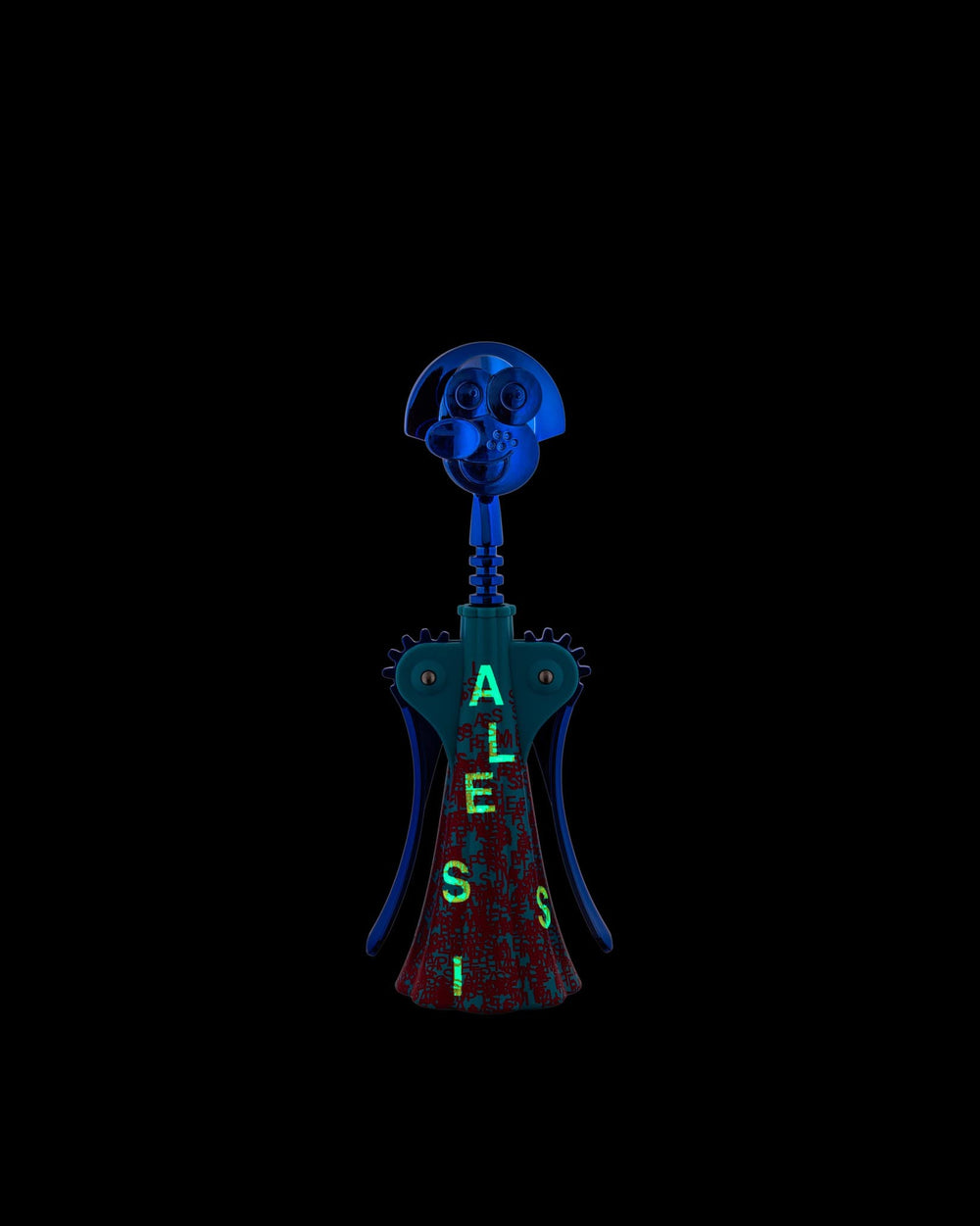 Anthropomorphic corkscrew by Alessi with a blue dog-like head, teal body with red pattern, and glowing green "ALESSI" text.