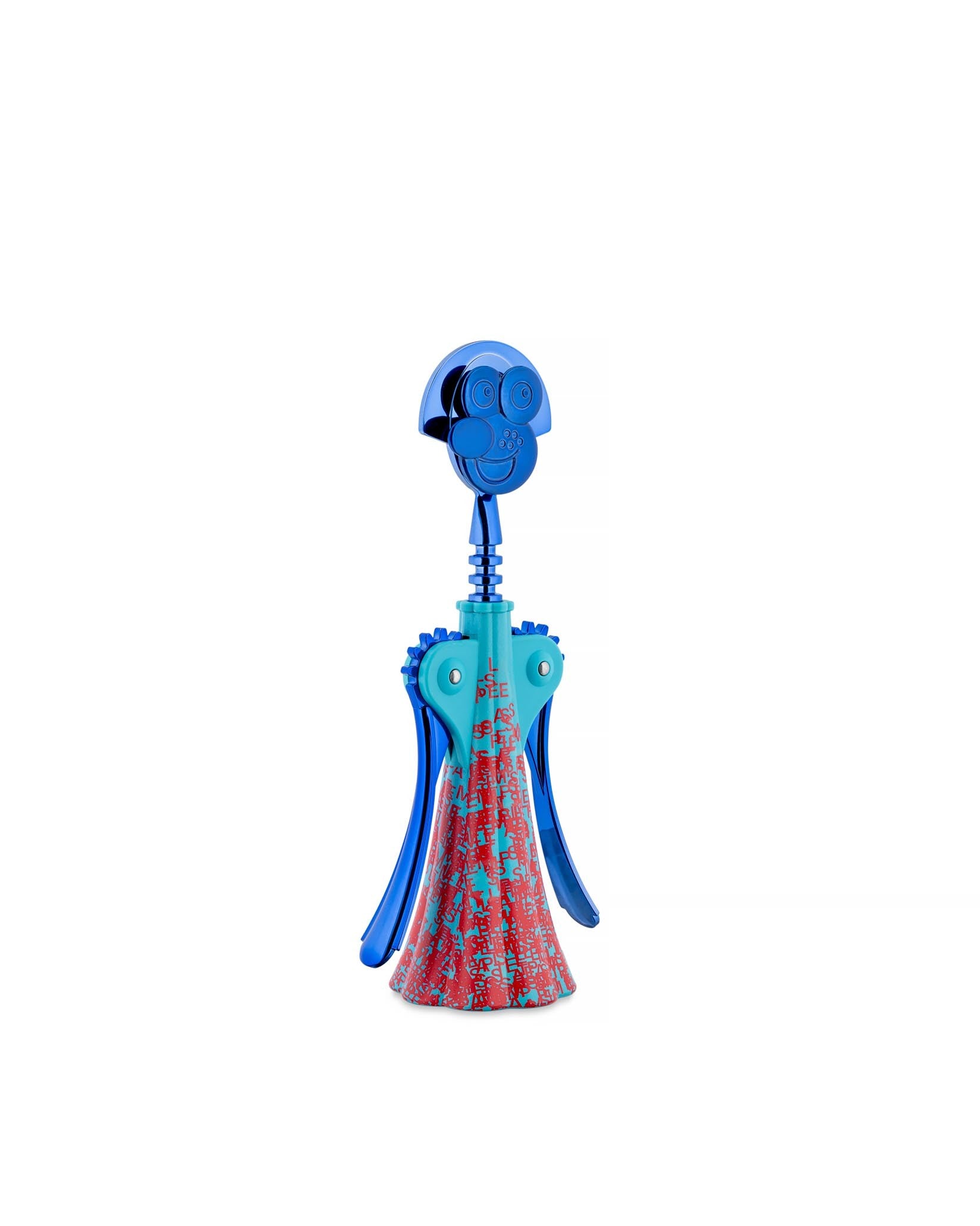 Blue metallic corkscrew by Alessi with a smiling figure head and a red and teal patterned body.