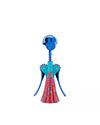 Metallic blue and red figural Anna G. corkscrew by Alessi with a smiling face and abstract body pattern.