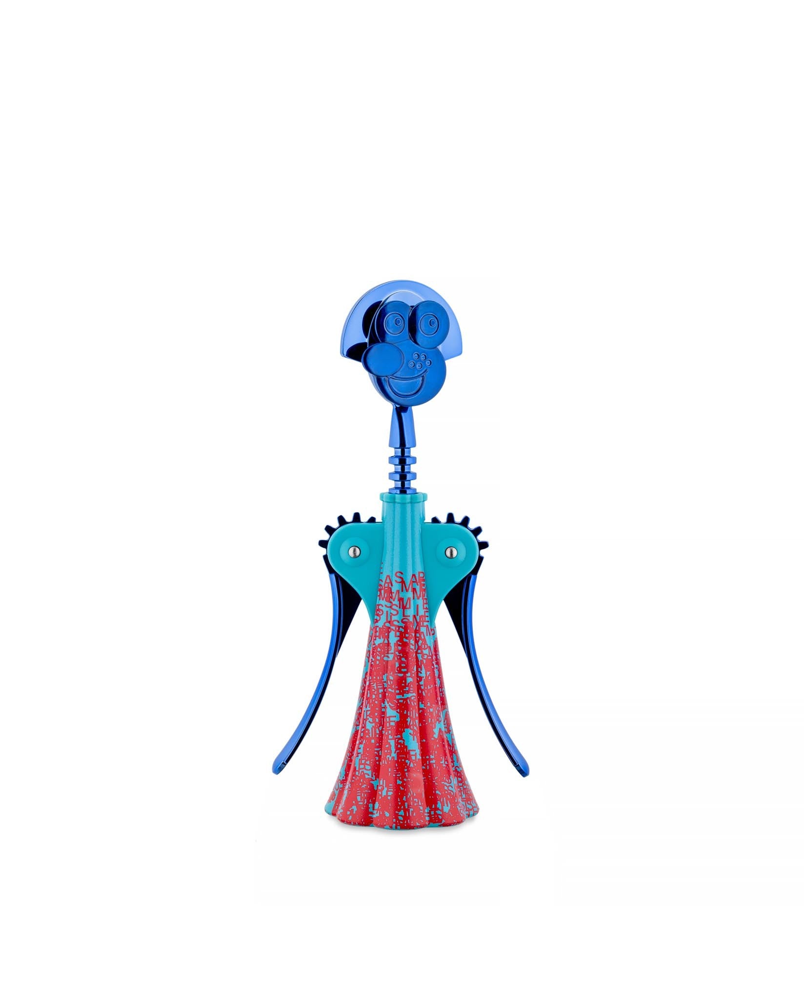 Metallic blue and red figural Anna G. corkscrew by Alessi with a smiling face and abstract body pattern.