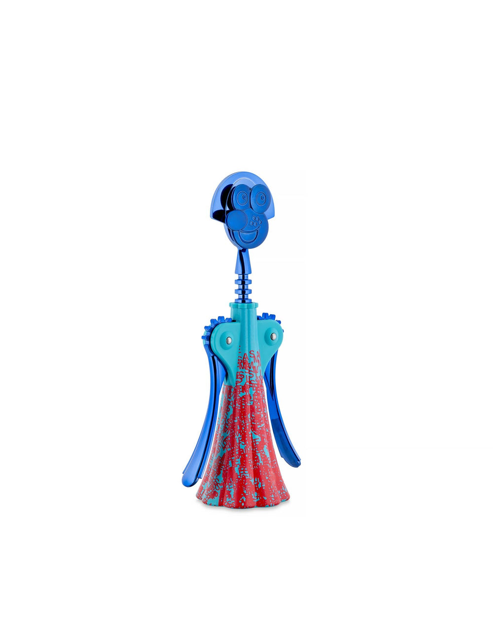 Blue and red corkscrew by Alessi, shaped like a stylized character with a smiling blue head and patterned body.