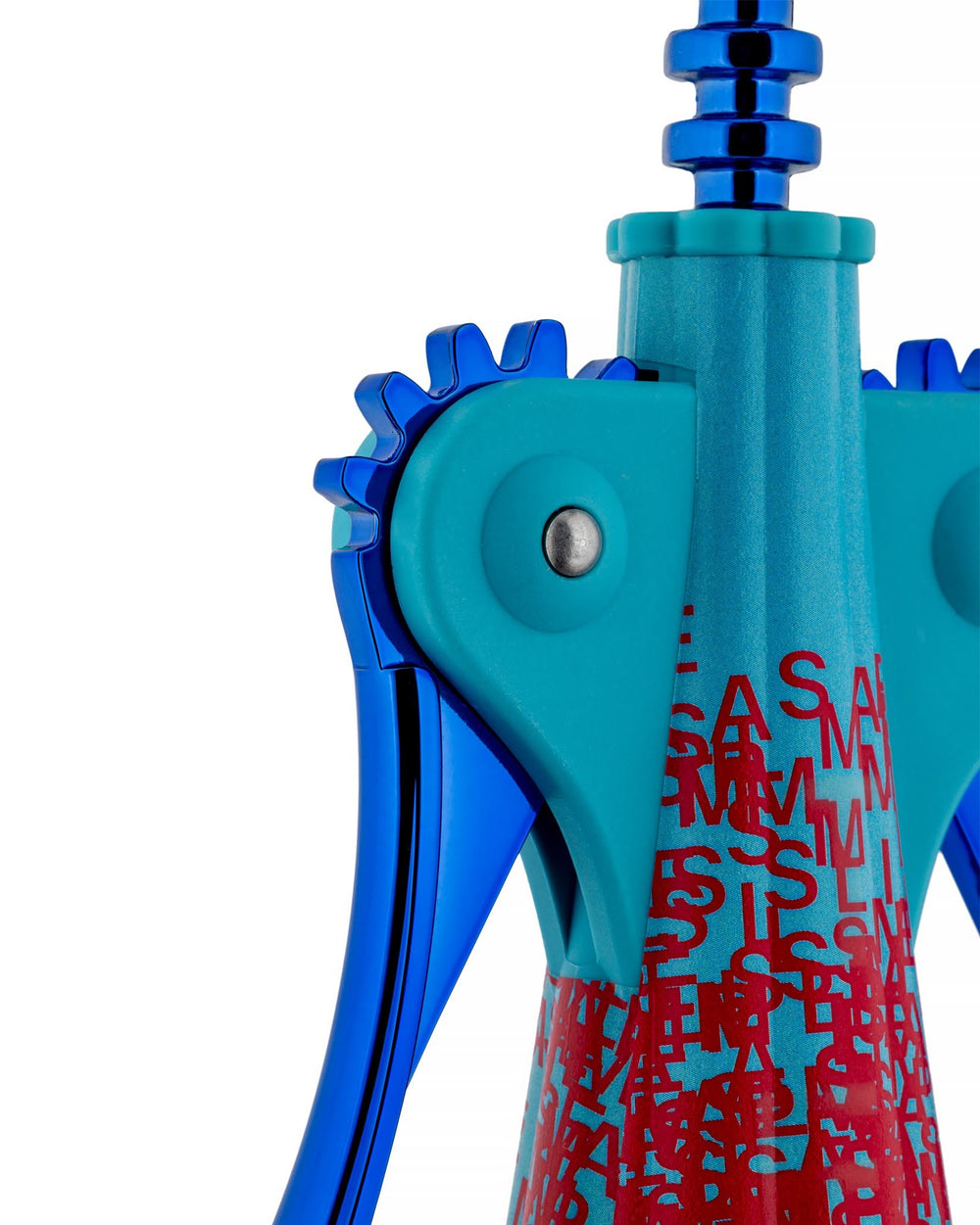 Blue and teal corkscrew by Alessi featuring shiny blue levers and a teal body with red typography, cropped.