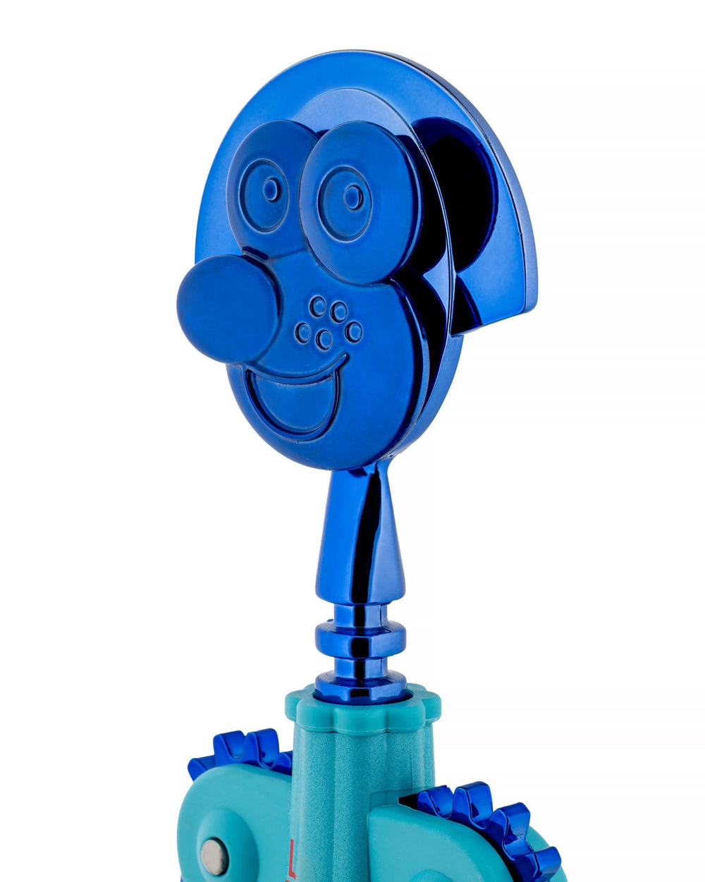Blue and teal corkscrew by Alessi with a smiling face design and ridged base, cropped view.