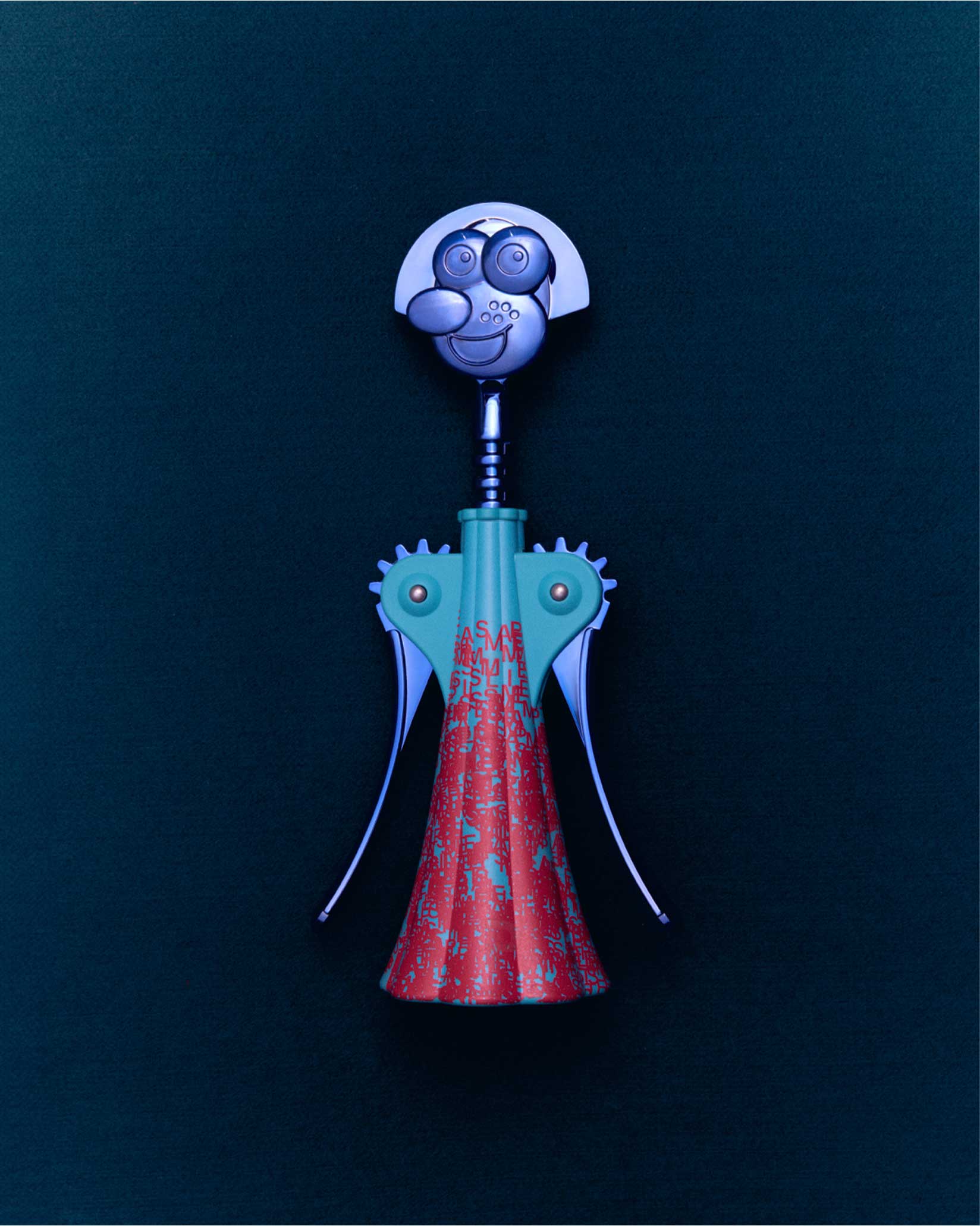 Anna G. figurative corkscrew by Alessi, with a silver smiling face, teal body, and red patterned skirt.