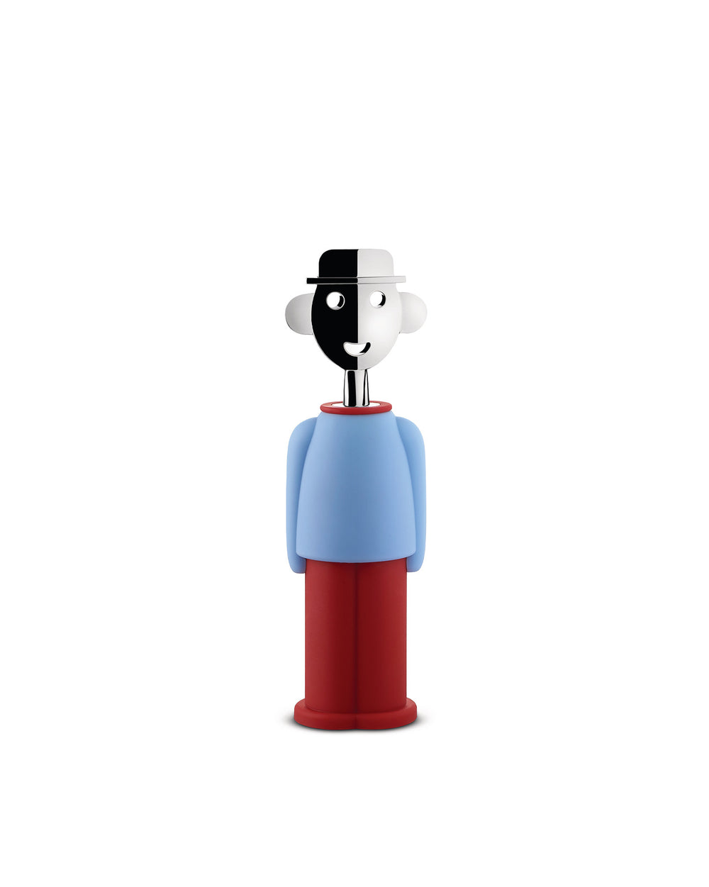 Human-like corkscrew by Alessi with black and white face, blue shirt, and red pants standing upright.