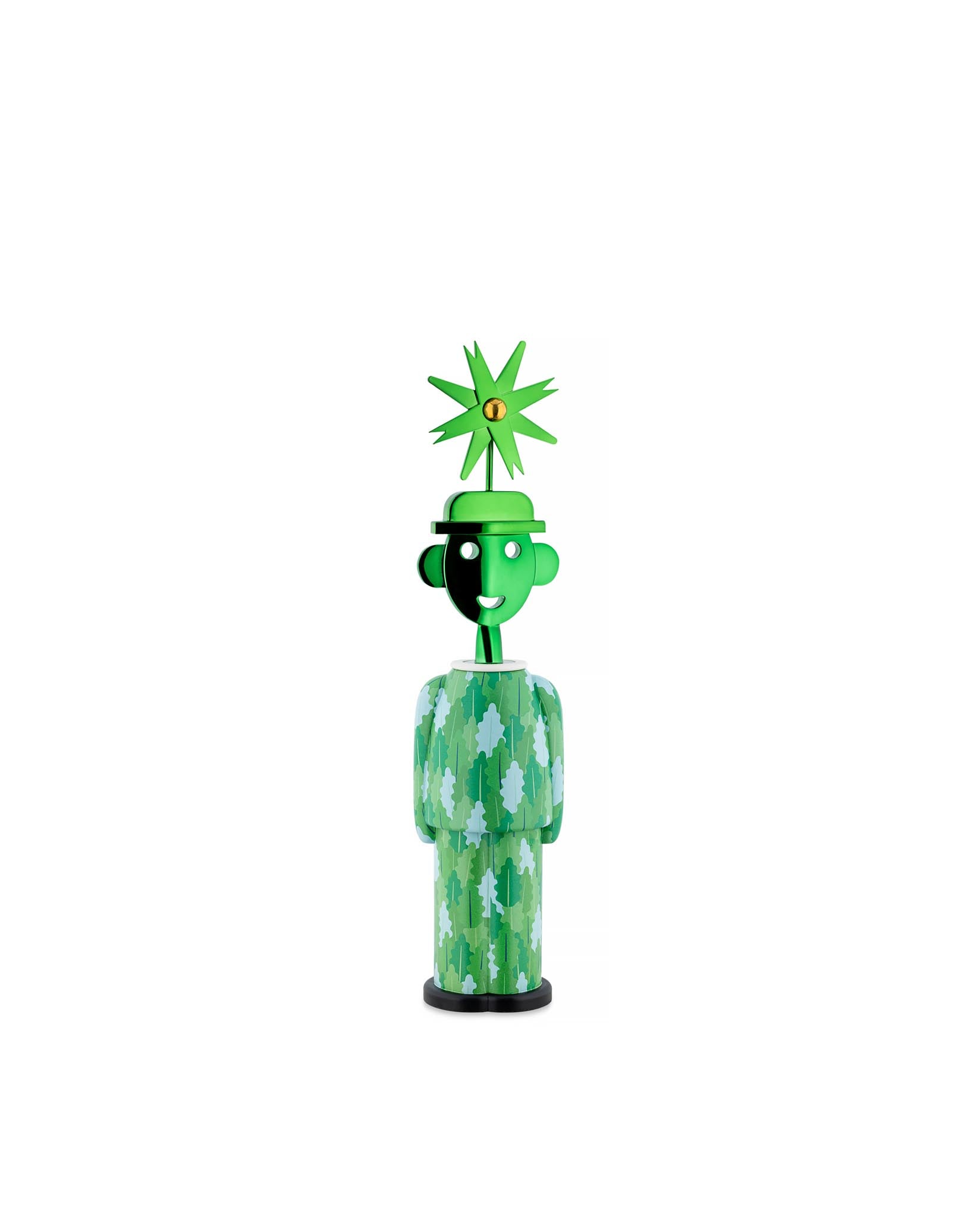 Green character corkscrew by Alessi, with a star hat and camouflage body.