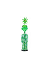 Green smiling corkscrew by Alessi, with a hat, star propeller, and body patterned with light and dark green leaves.