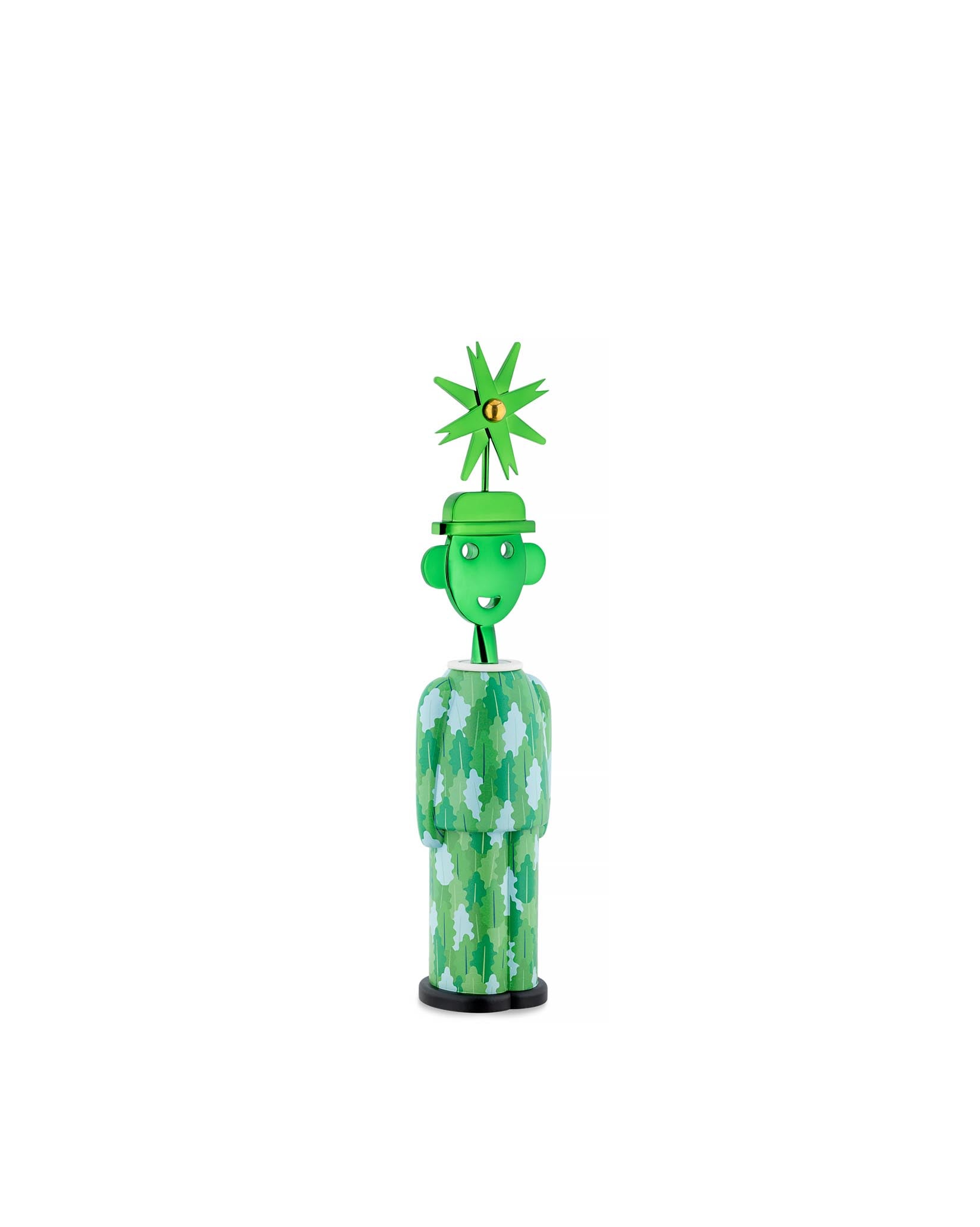 Green smiling corkscrew by Alessi, with a hat, star propeller, and body patterned with light and dark green leaves.