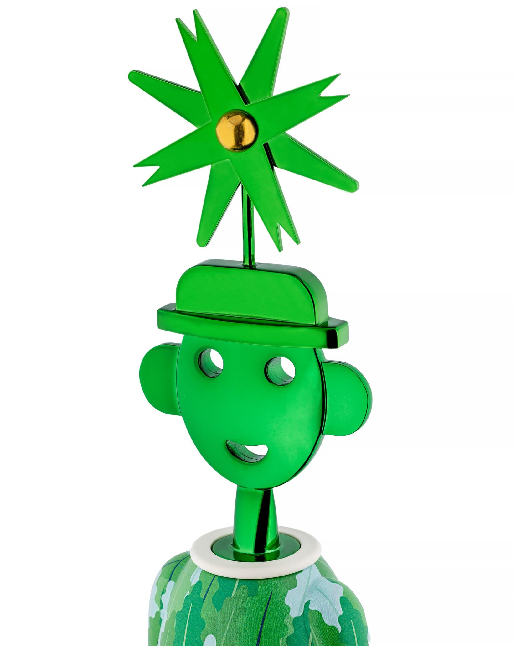 Green Alessandro M. corkscrew by Alessi with a star top, gold center, and a leafy green patterned body.