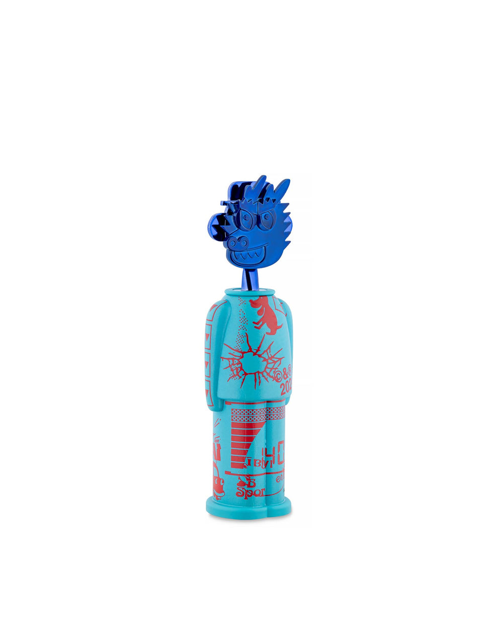 Blue and teal Alessandro M. corkscrew by Alessi, featuring a metallic dragon head and red graphic patterns.