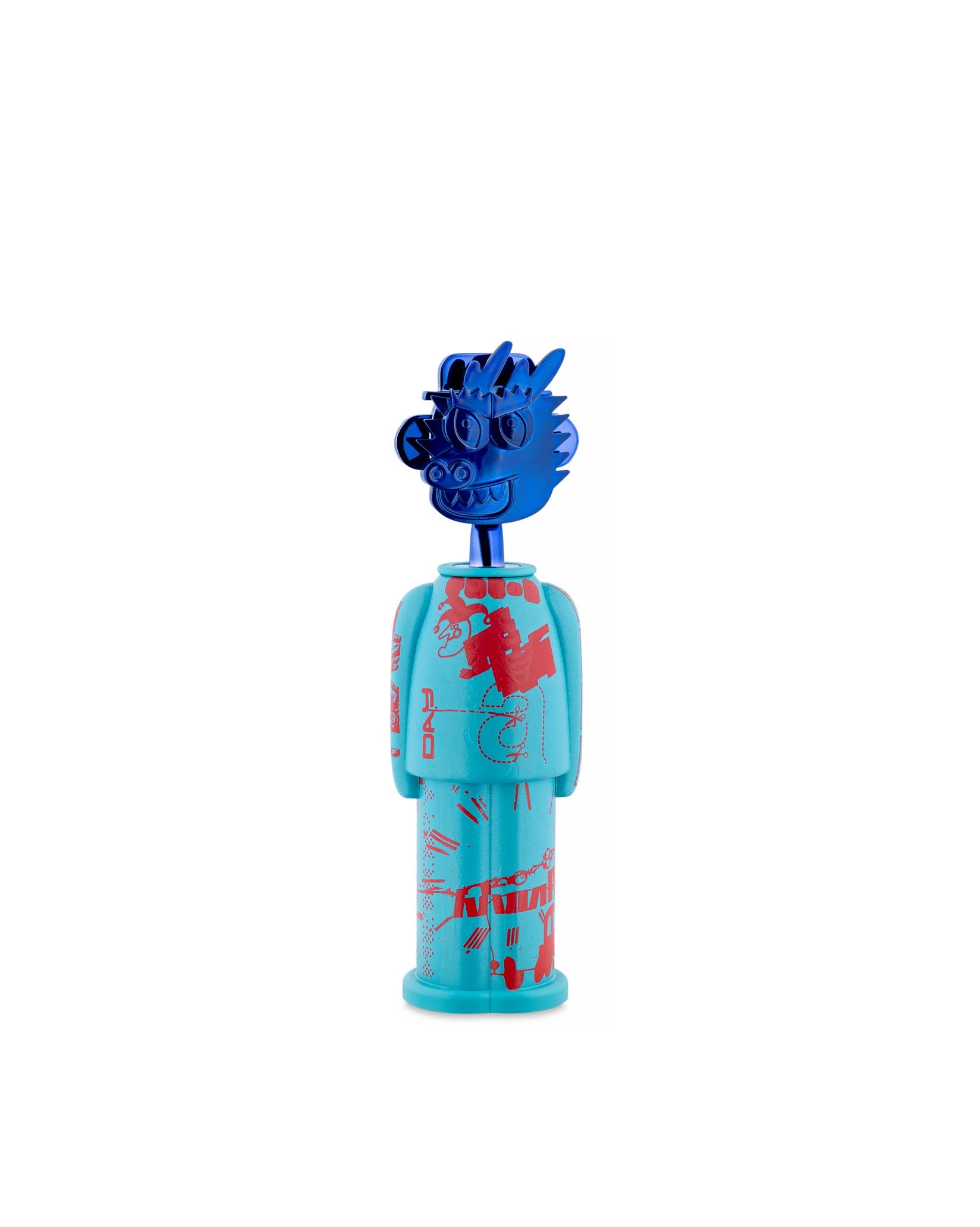 Blue and turquoise corkscrew by Alessi, featuring a whimsical dragon head and abstract red patterns on its body.