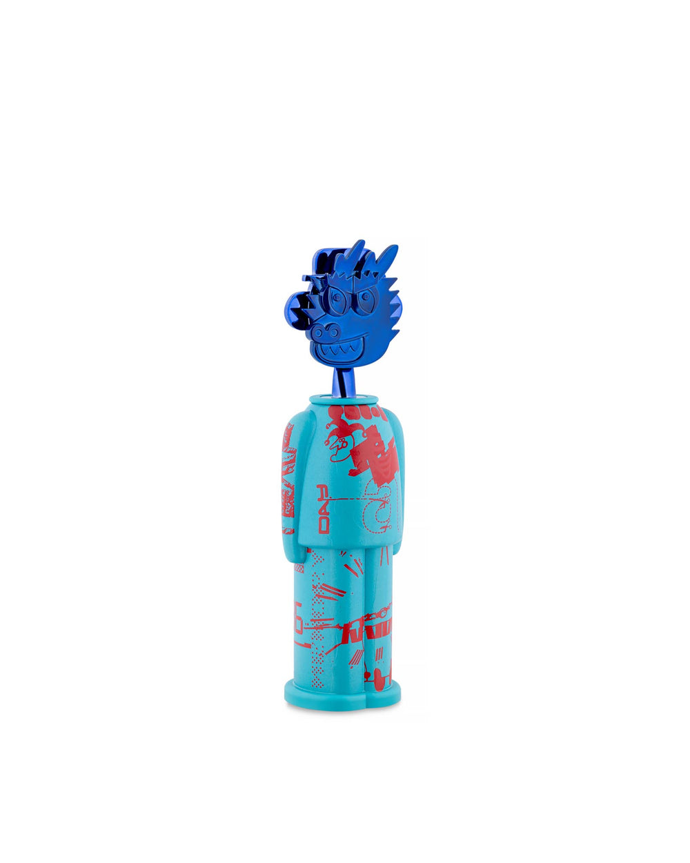 Teal and blue corkscrew by Alessi with a metallic dragon head and red graphic patterns.