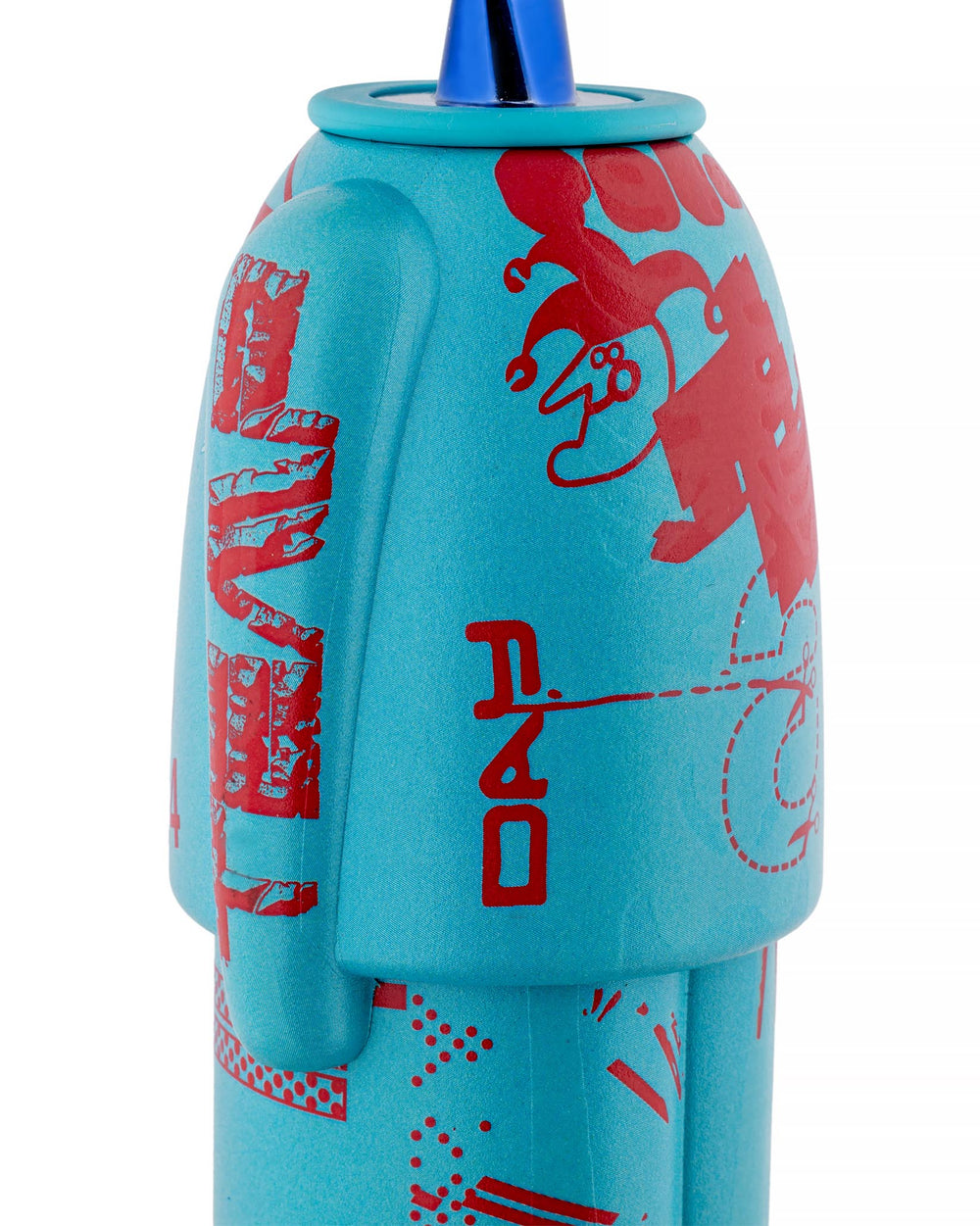 A light blue corkscrew by Alessi with red graphic patterns and a blue cap, cropped side view.