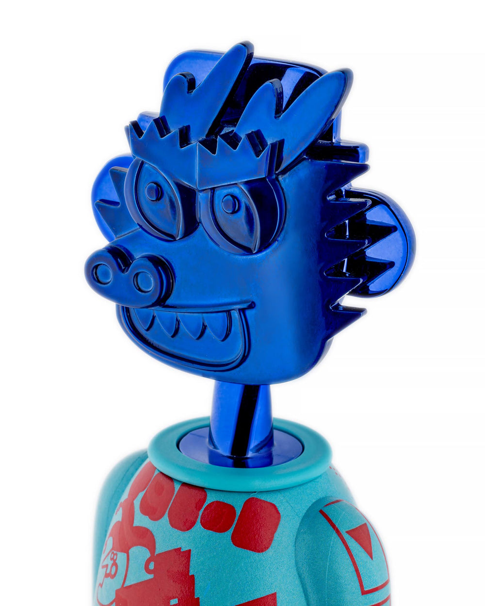 Blue metallic corkscrew by Alessi with a cartoonish face, spiky hair, and a teal body with red patterns.
