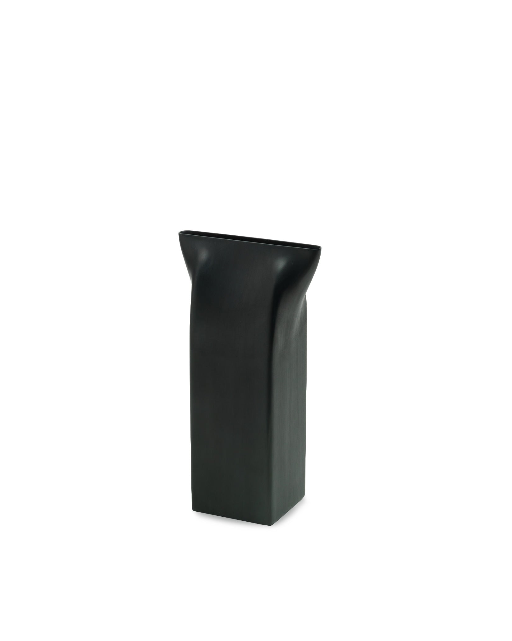 Black Pinch vase by Alessi with a matte finish and unique narrow opening.