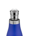 A blue matte thermo insulated bottle by Alessi with a stainless steel tea infuser and wire handle, cropped.