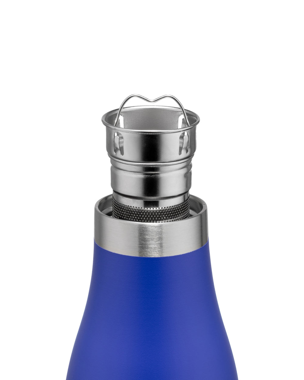 A blue matte thermo insulated bottle by Alessi with a stainless steel tea infuser and wire handle, cropped.