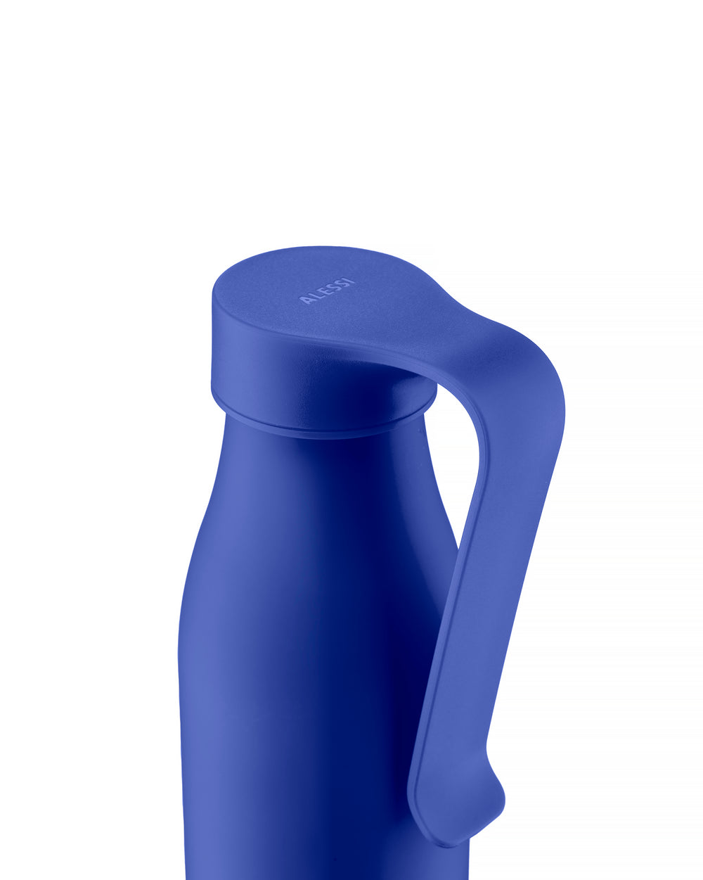 Blue thermo insulated bottle by Alessi with an integrated handle and embossed logo on the lid, cropped view.