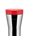 Red lid and silver travel mug by Alessi, with 'Federico' text on its body and the 'Alessi' logo on the lid, cropped.