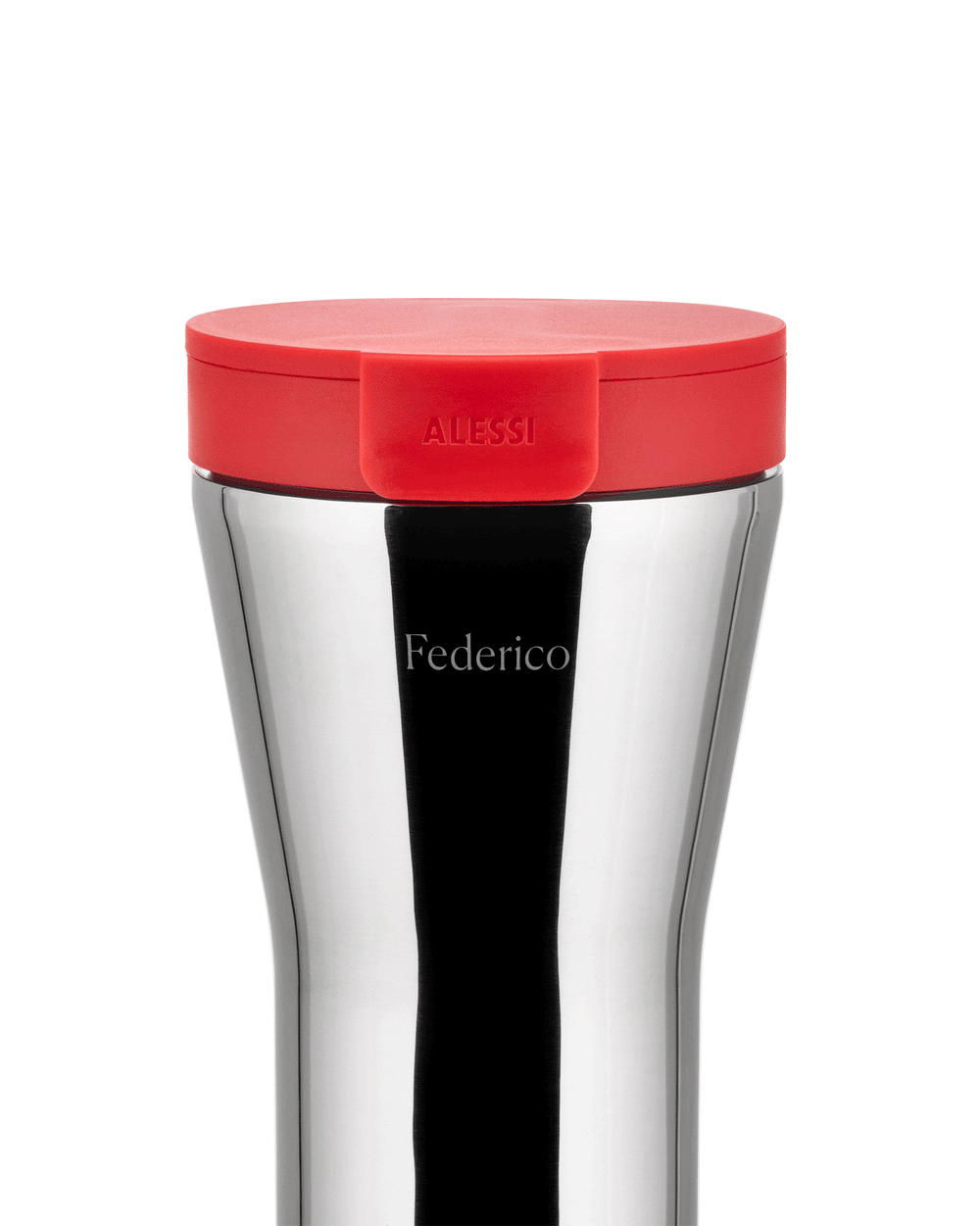 Red lid and silver travel mug by Alessi, with 'Federico' text on its body and the 'Alessi' logo on the lid, cropped.