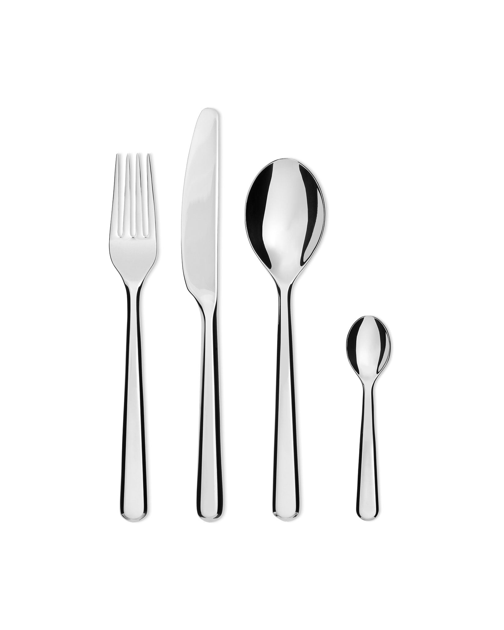 Sleek silver cutlery set by Alessi, featuring a fork, knife, and two spoons standing upright on white.