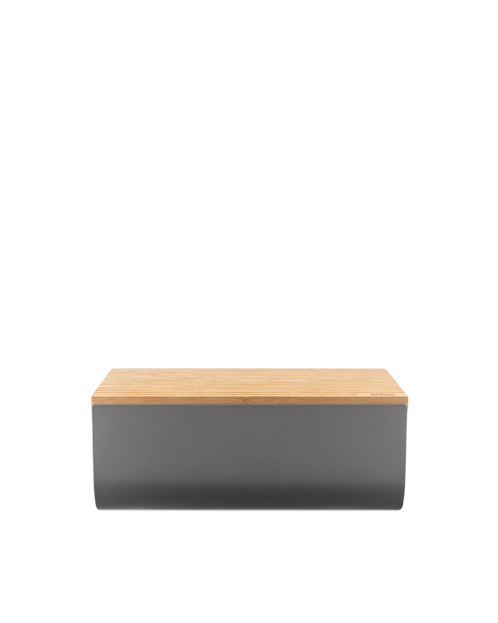 Grey bread bin with a natural wood slatted lid by Alessi, subtly branded on the lid.