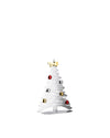 A modern silver Christmas tree ornament by Alessi, featuring red, gold, and silver baubles and a gold star topper.