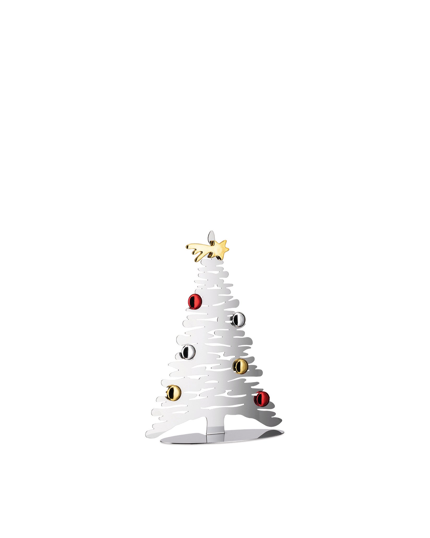 A modern silver Christmas tree ornament by Alessi, featuring red, gold, and silver baubles and a gold star topper.