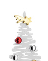A white abstract Christmas tree ornament by Alessi, featuring a gold shooting star topper and metallic red, silver, and gold baubles.