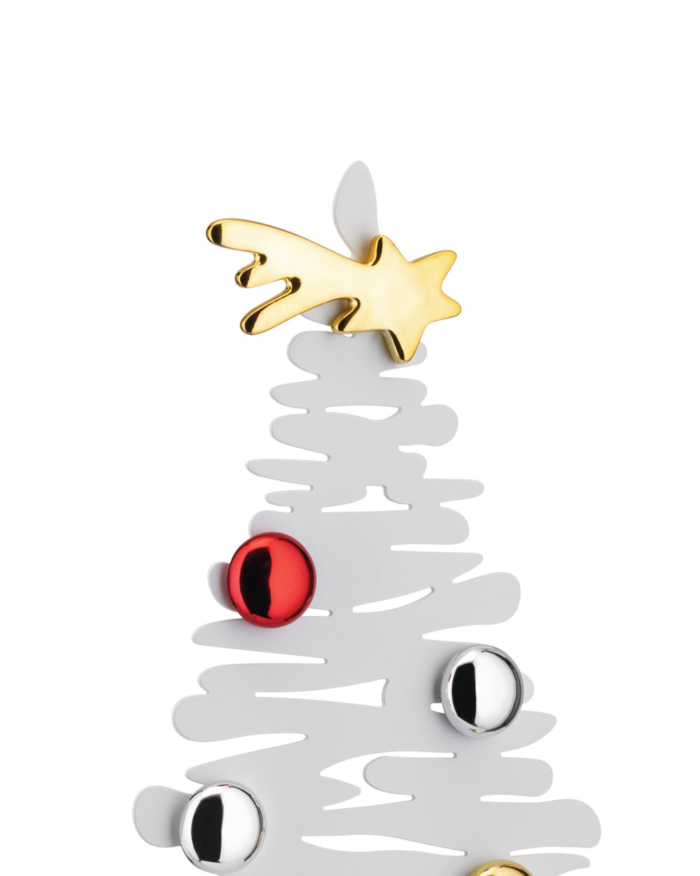 A white abstract Christmas tree ornament by Alessi, featuring a gold shooting star topper and metallic red, silver, and gold baubles.