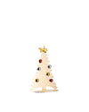 Gold metal abstract Christmas tree ornament by Alessi, featuring a shooting star topper and small red and gold baubles.