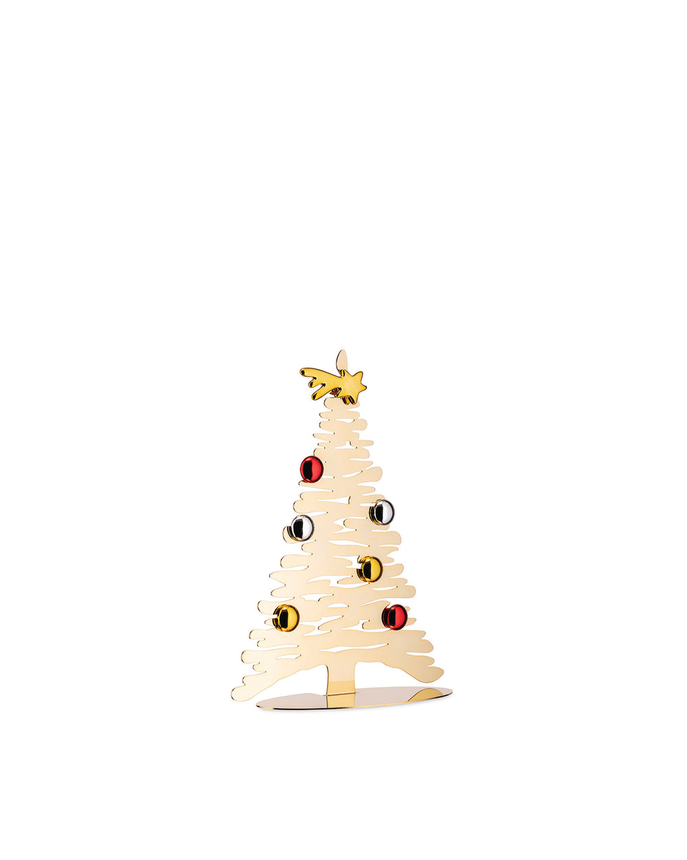 Gold metal abstract Christmas tree ornament by Alessi, featuring a shooting star topper and small red and gold baubles.