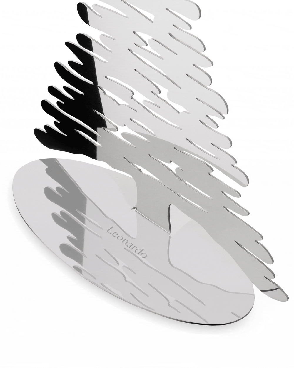Silver metallic Christmas tree ornament by Alessi, featuring an abstract bark design and "Leonardo" engraved on the base.