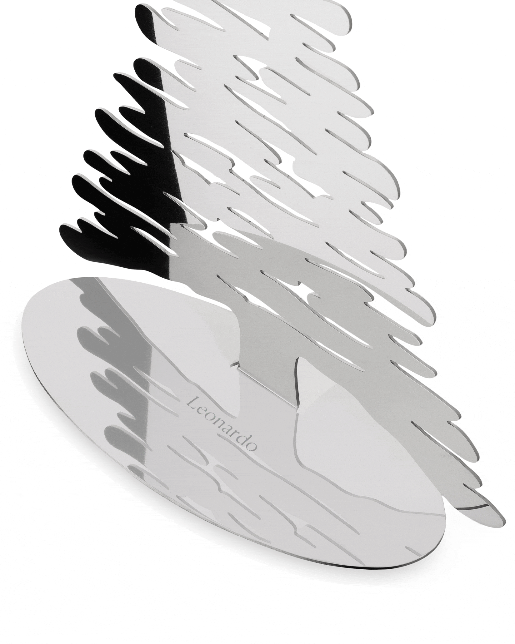 Silver metallic Christmas tree ornament by Alessi, featuring an abstract bark design and "Leonardo" engraved on the base.