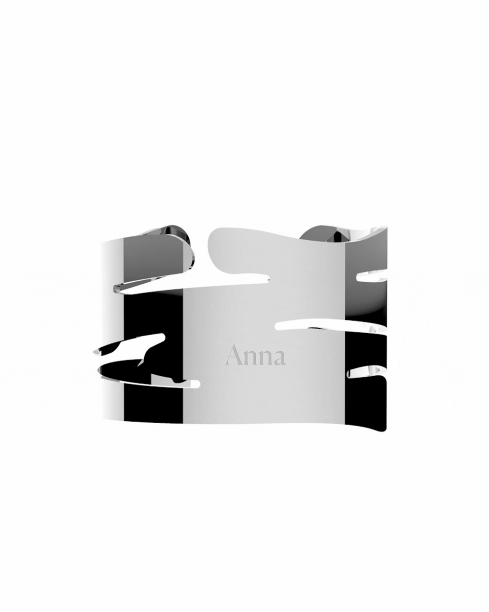 Polished silver metal napkin holder by Alessi, featuring organic bark-like cutouts and 'Anna' engraved.
