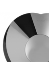 Shiny silver plate by Alessi, engraved with 'New Year' text, cropped.