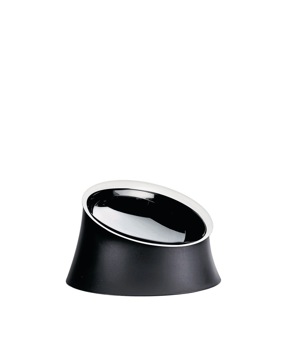 Black and silver dog bowl by Alessi with a sleek, angled stainless steel insert on a matte black base.