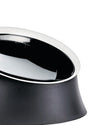 Black dog bowl by Alessi with a gleaming chrome-plated rim and a matte textured base.