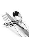 Polished stainless steel cutlery rest by Alessi, holding a fork, knife, and spoon with a wavy design.