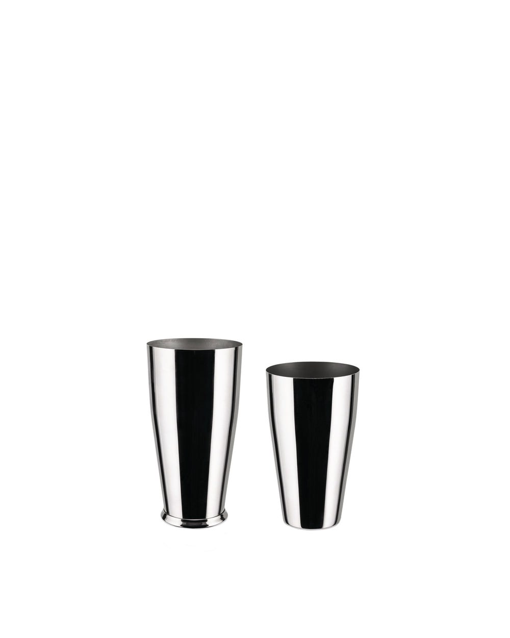 Two shiny metal cocktail shakers by Alessi, one larger with a flared base, standing upright.
