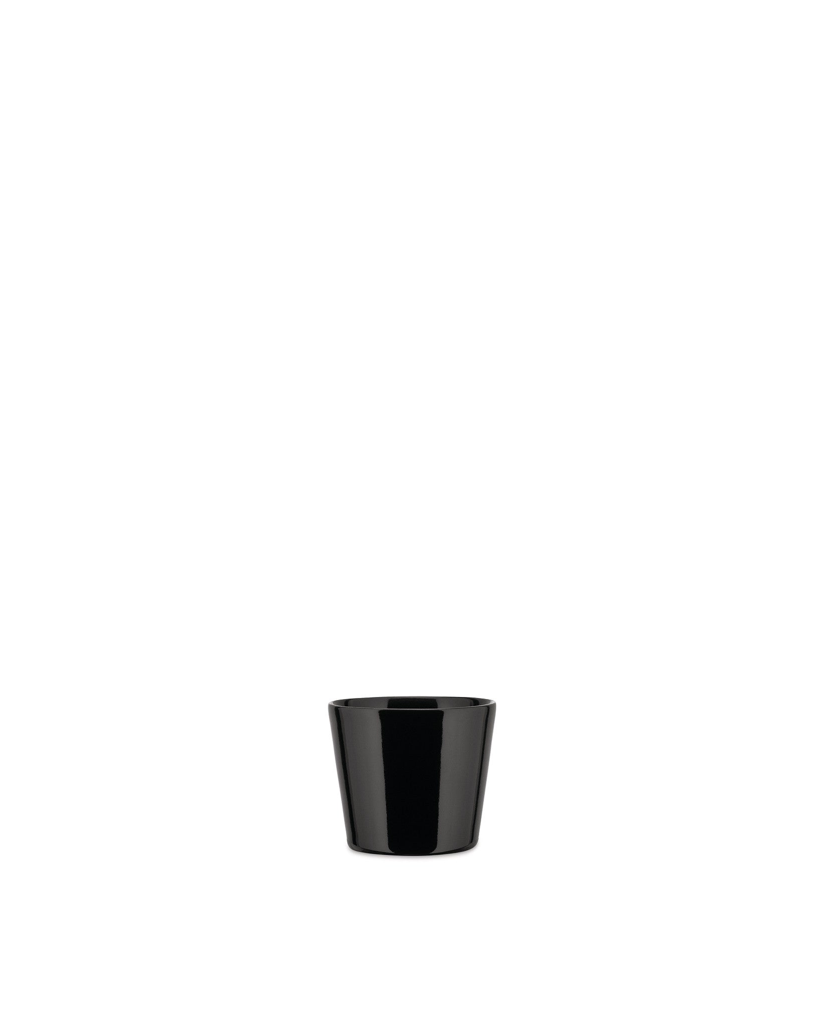 Black cup by Alessi with a glossy finish and tapered form, shown from the front.