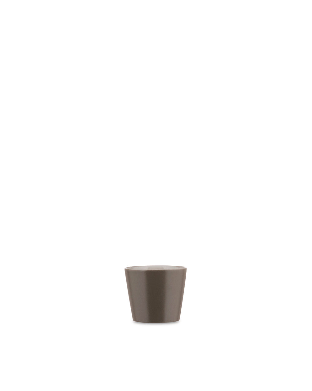 Taupe conical cup by Alessi with a smooth, tapered design.