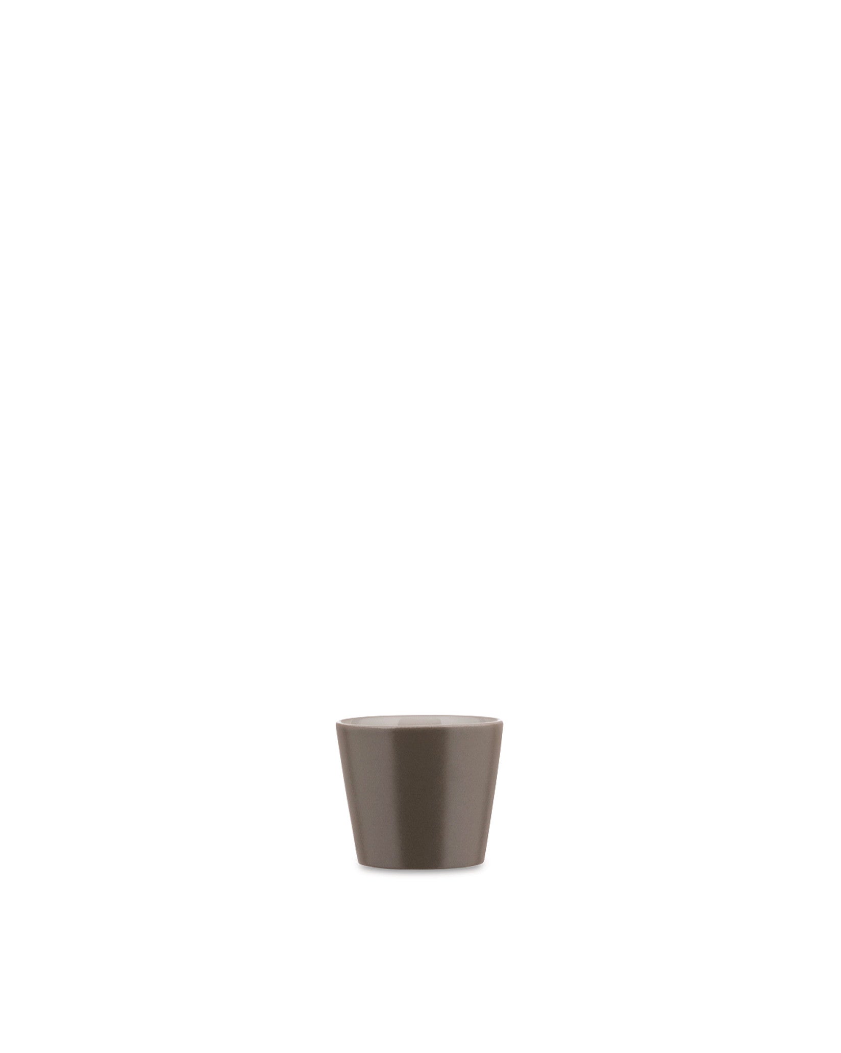 Taupe conical cup by Alessi with a smooth, tapered design.
