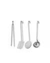 Stainless steel kitchen utensil set by Alessi, featuring tongs, a slotted spatula, a perforated skimmer, and a ladle hanging against white.