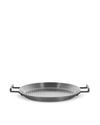 Metallic grey round grill pan by Alessi with ribbed interior and two black rectangular handles, viewed from a slight angle.