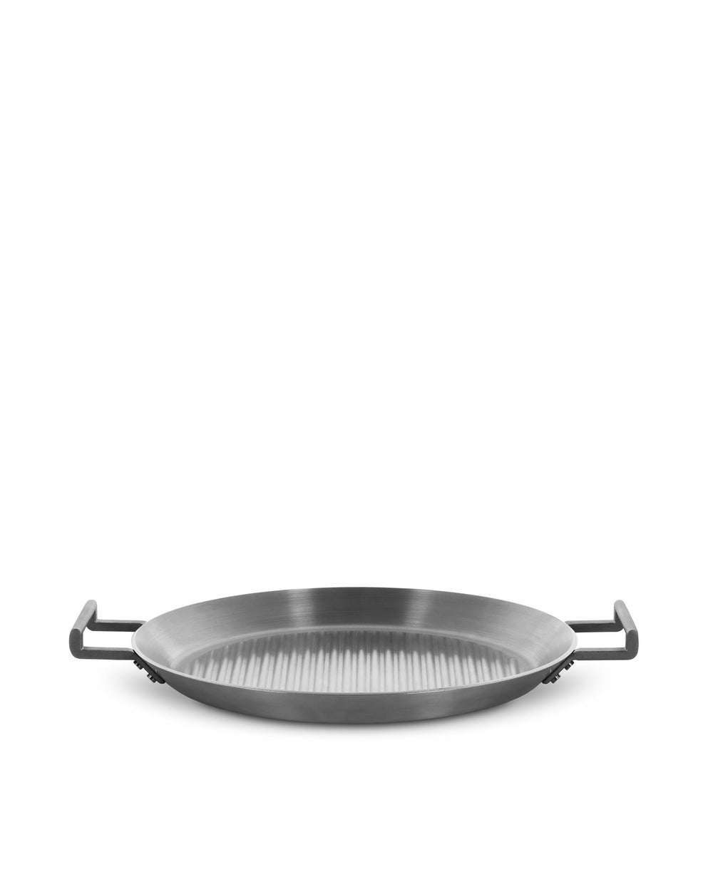 Metallic grey round grill pan by Alessi with ribbed interior and two black rectangular handles, viewed from a slight angle.