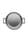Round silver grill pan by Alessi with parallel raised ridges and rectangular loop handles.