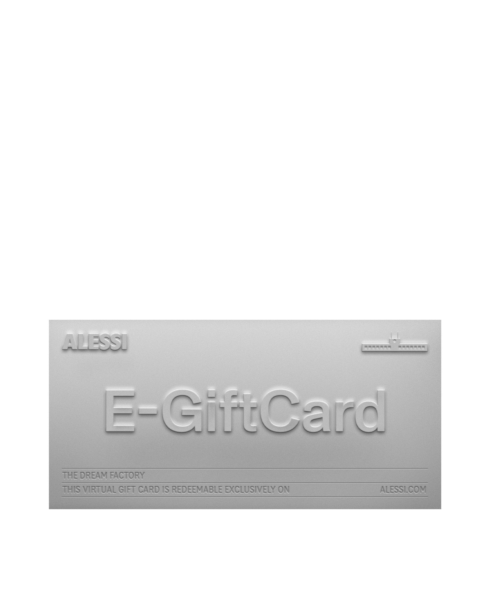 Light grey E-Gift Card by Alessi with embossed text, a grainy texture, and a small factory icon.