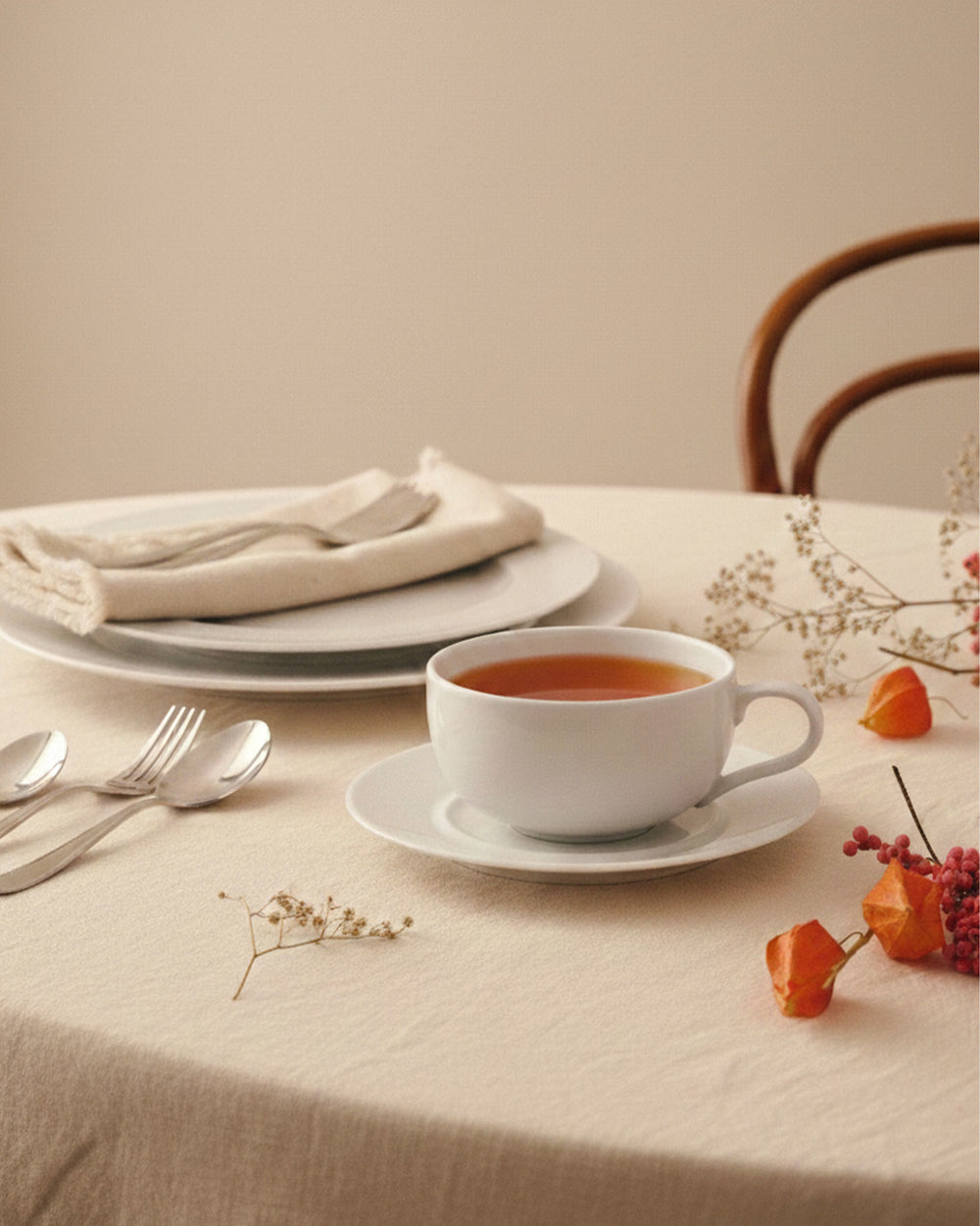 White round saucer by Alessi on a textured beige tablecloth, surrounded by fall-themed decor.